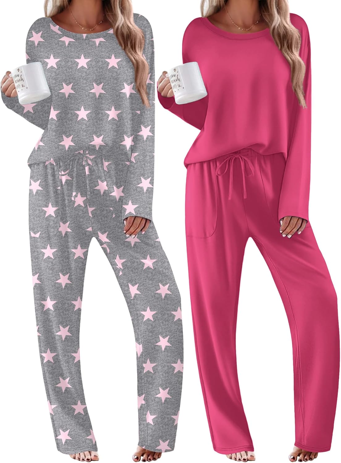 2-pack pajamas: gray star print long-sleeve set and pink solid long-sleeve set
