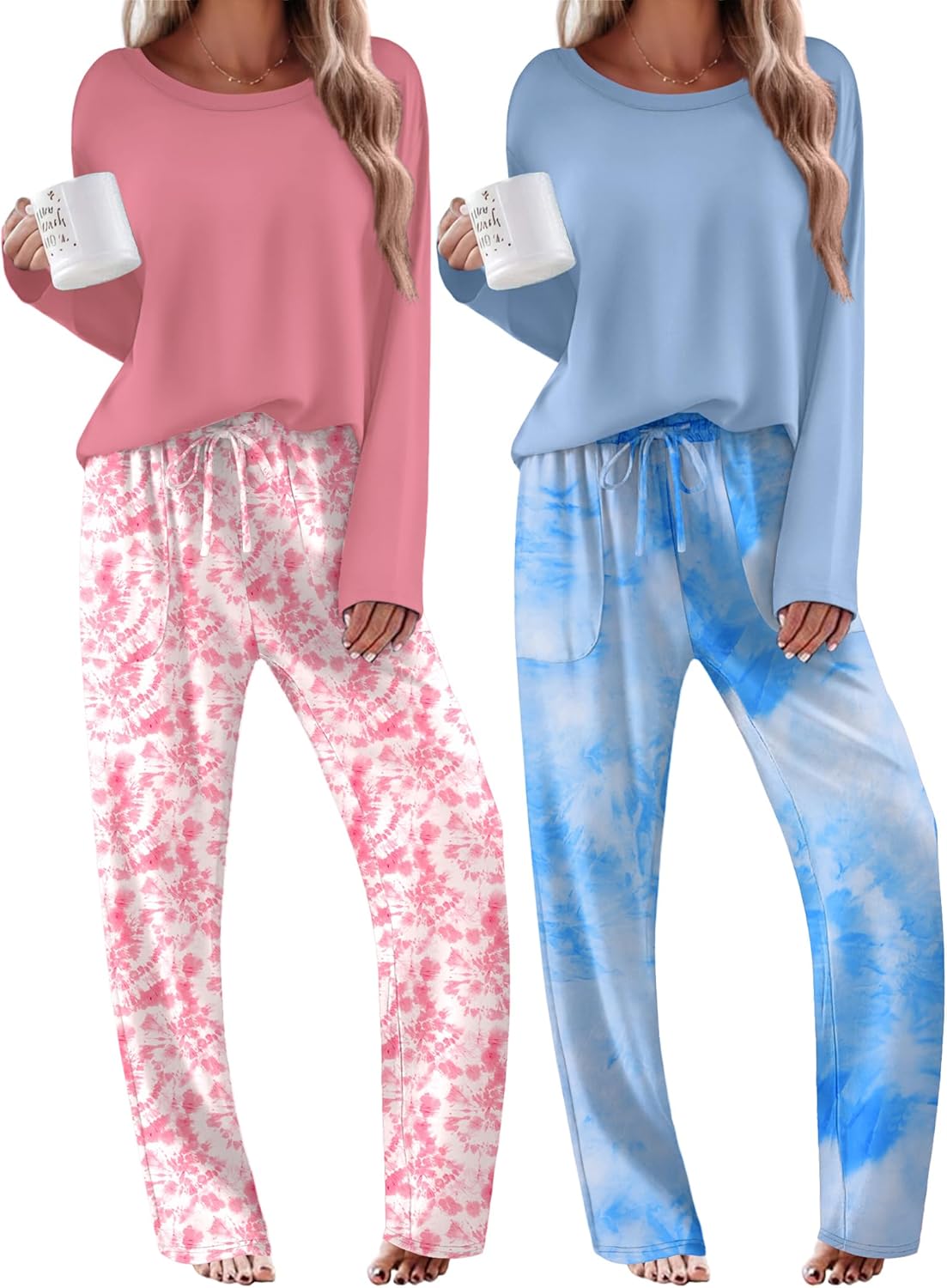 Pink long-sleeve pajama top with pink floral print wide-leg drawstring pants set