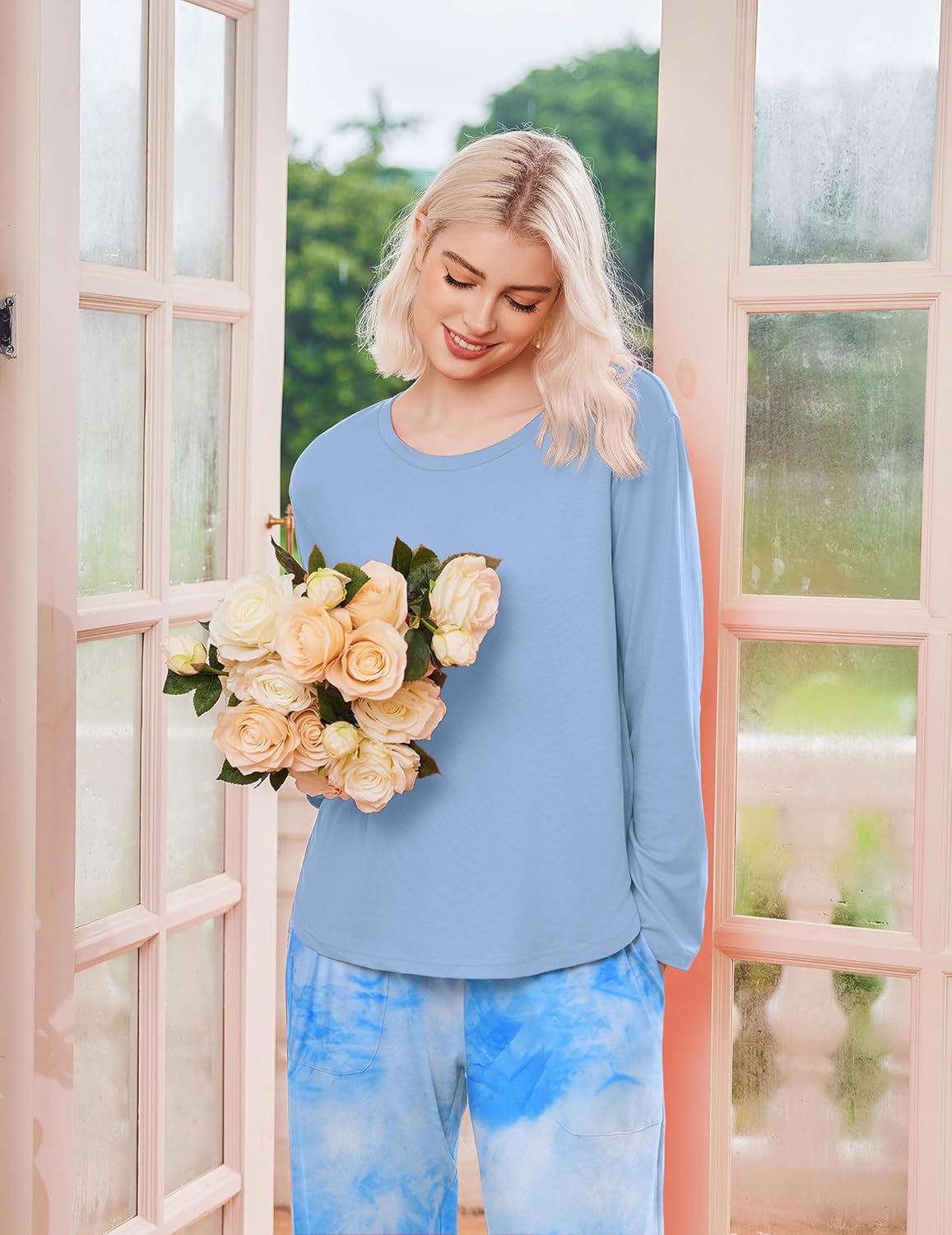 Light blue long-sleeve pajama top with blue tie-dye print drawstring pants set