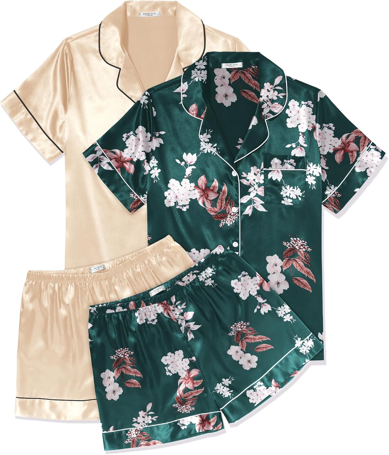 Ekouaer 2 Pack Pajama Sets Silk Satin Pj Lounge Set