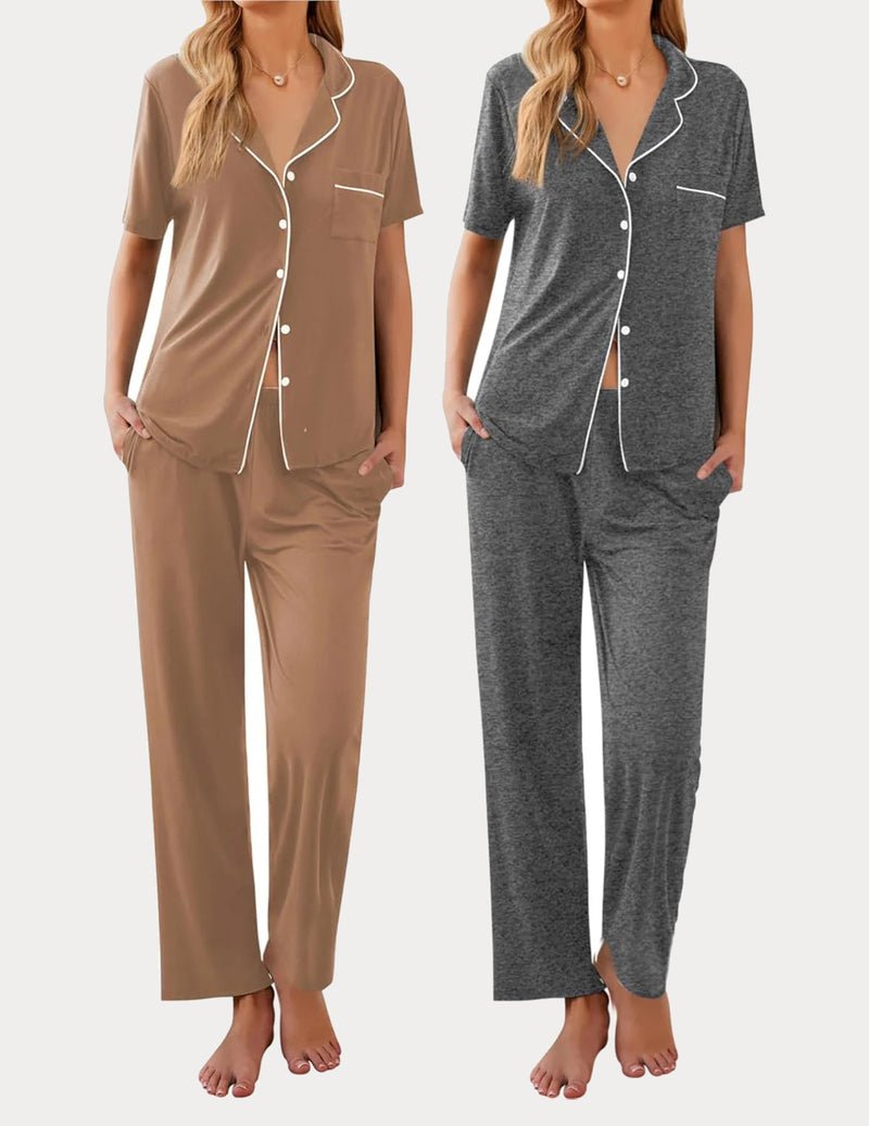 Ekouaer 2 Pack Pajamas Button Up Loungewear Cozy Sets