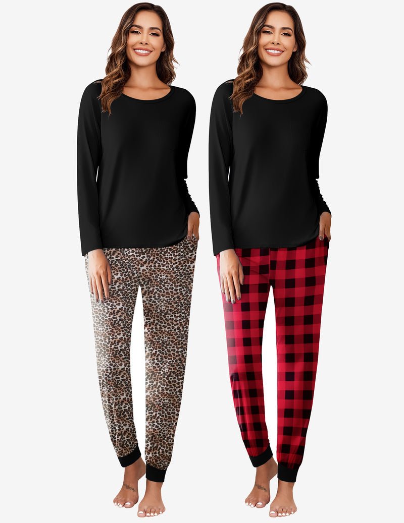 2-pack pajama set: black top with leopard-print pants; black top with red plaid pants