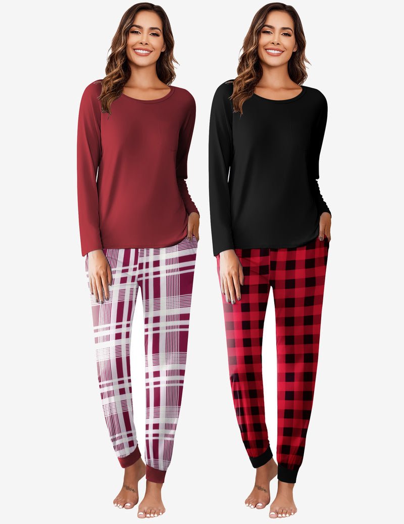2-pack pajama set: burgundy top with stripe plaid pants; black top with red plaid pants