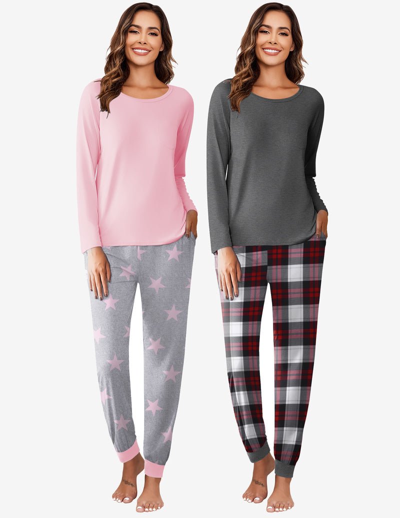 2-teiliger Pyjama-Set: rosafarbenes Langarmshirt, graue Hose mit rosa Sternen