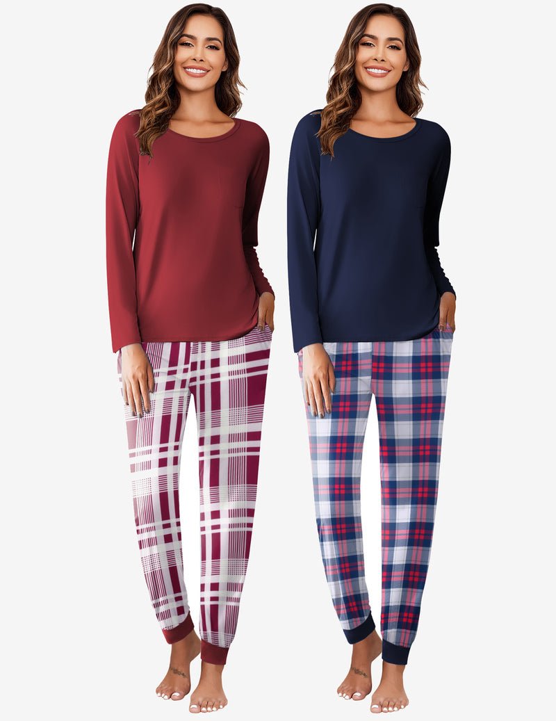 2-teiliger Pyjama: bordeaux Oberteil, weiße/weinrote Karo-Langhosen