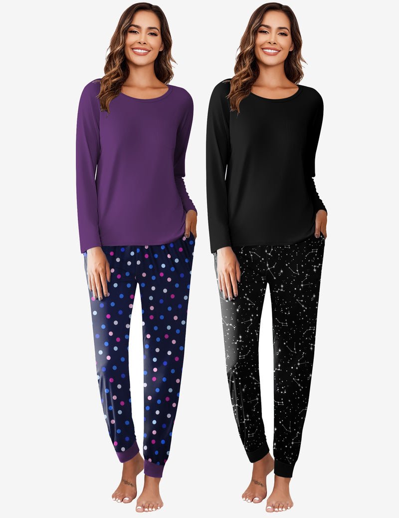 2-pack pajama set: purple top with pink star dot pants; black top with speckled star pants