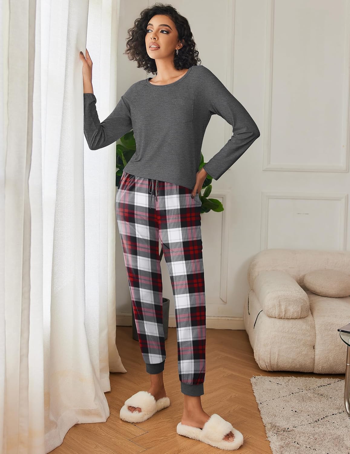 Charcoal gray long-sleeve pajama top with red, white, and black plaid pants
