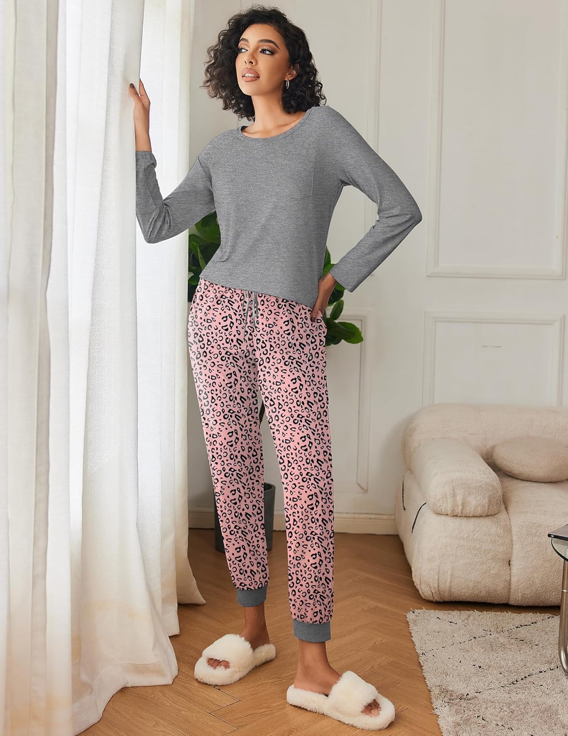 Grey long-sleeve pajama top with pink leopard print lounge pants