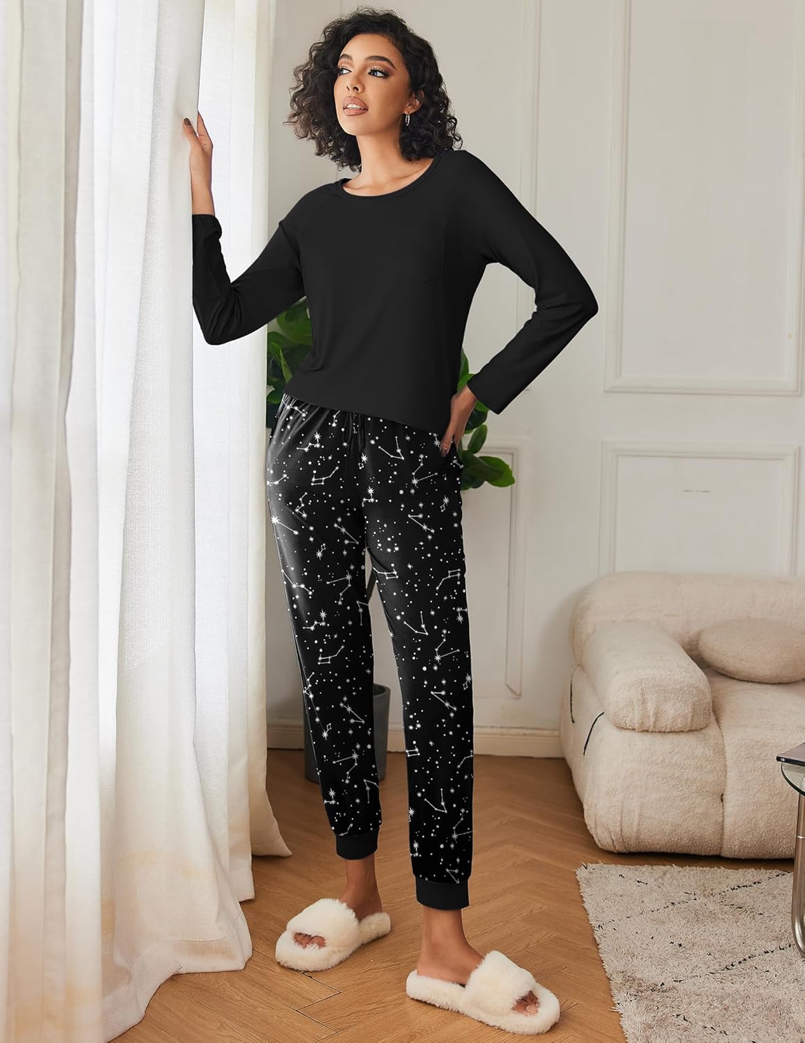 Long-sleeve pajama set: black top with black starry galaxy pants