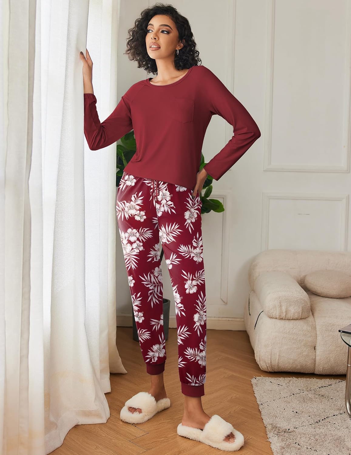 Burgundy long-sleeve pajama top with white floral print lounge pants
