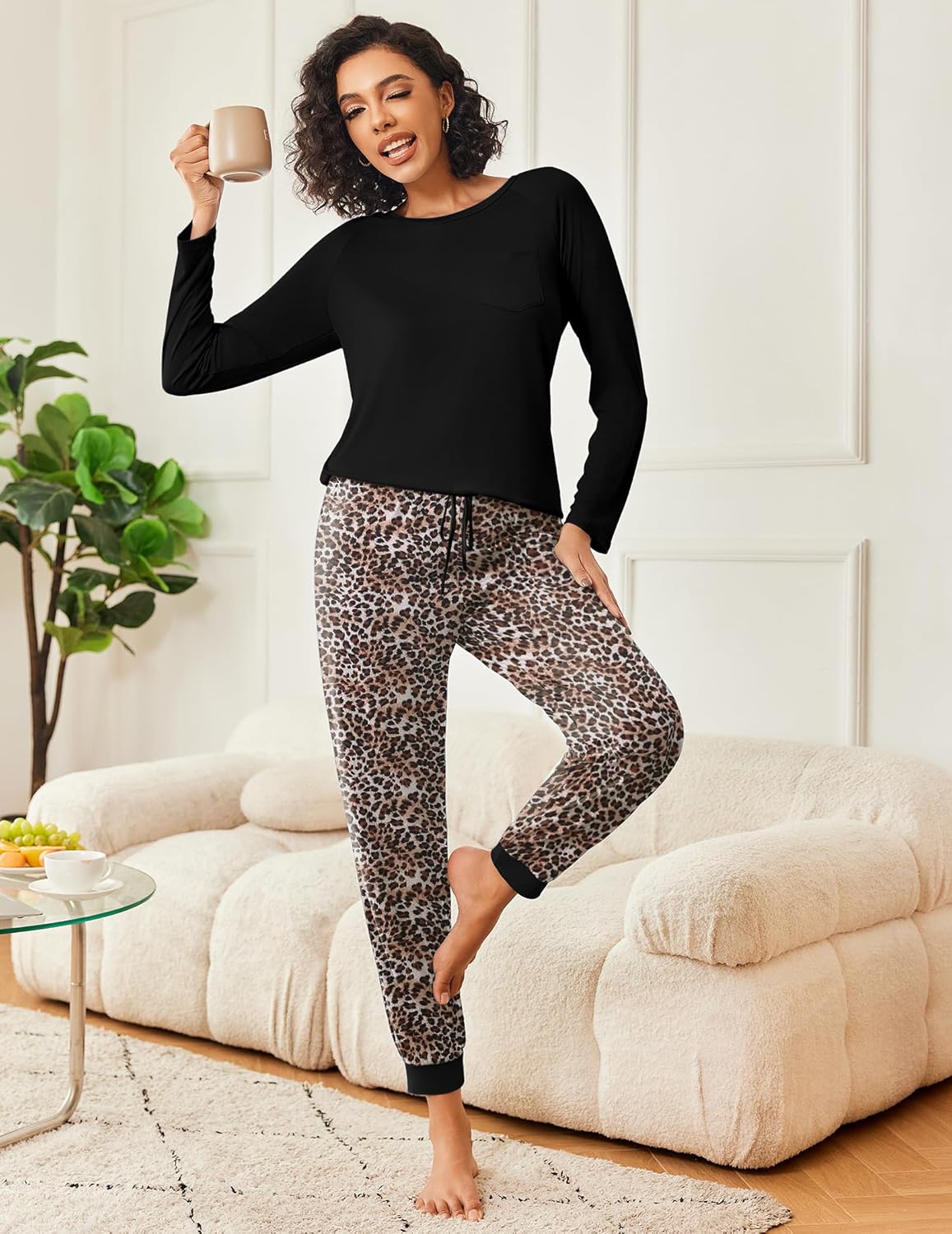 Long-sleeve pajama set: black top with leopard-print lounge pants