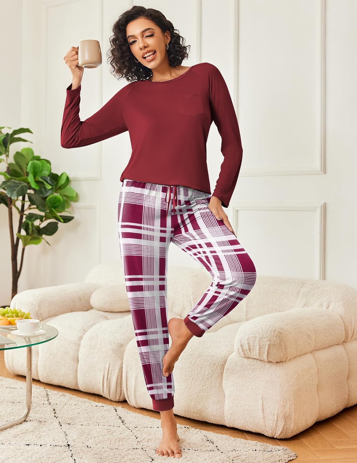 Burgundy long-sleeve pajama top with red-and-white plaid lounge pants