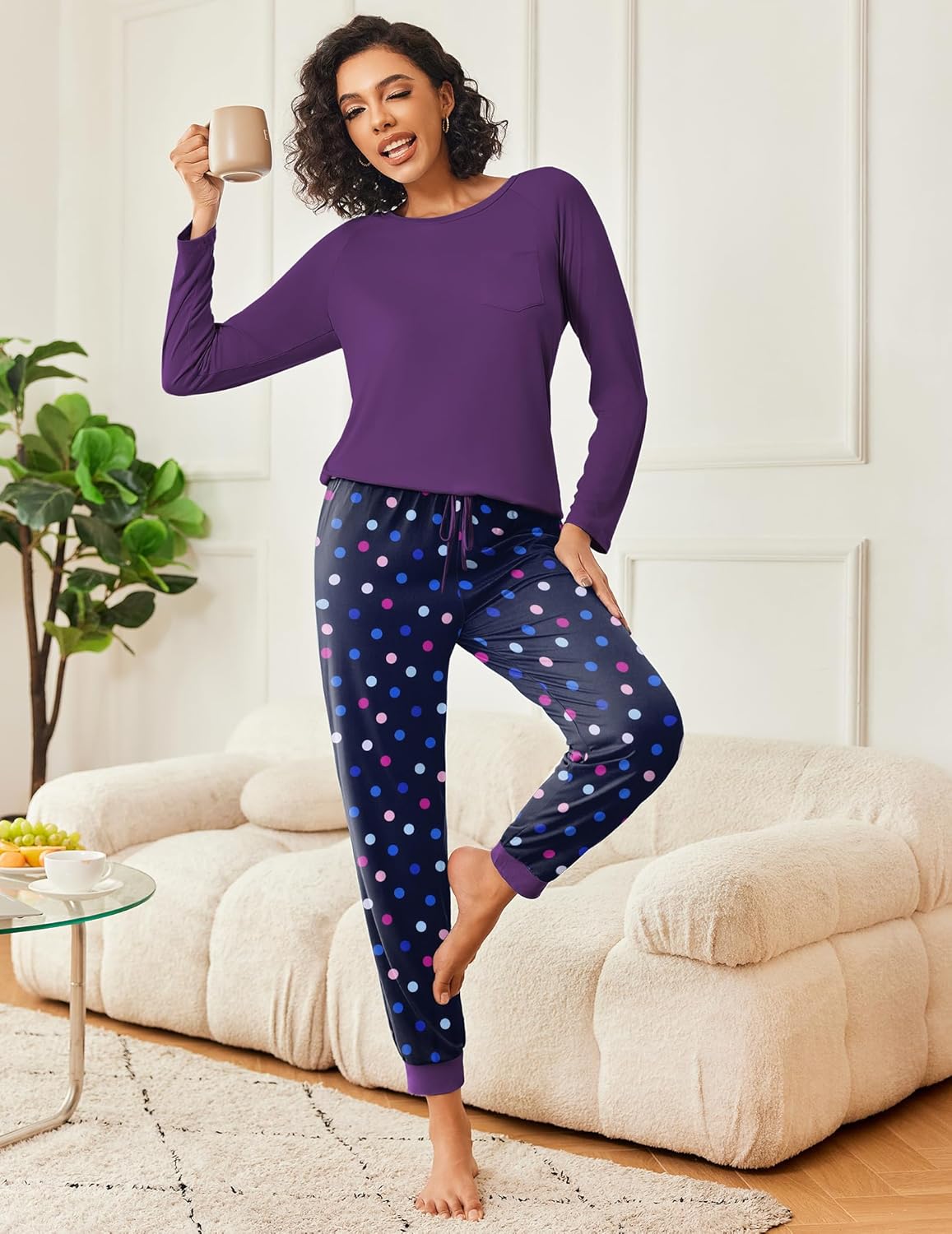 Long-sleeve pajama set: purple top and navy pants with scattered polka dots