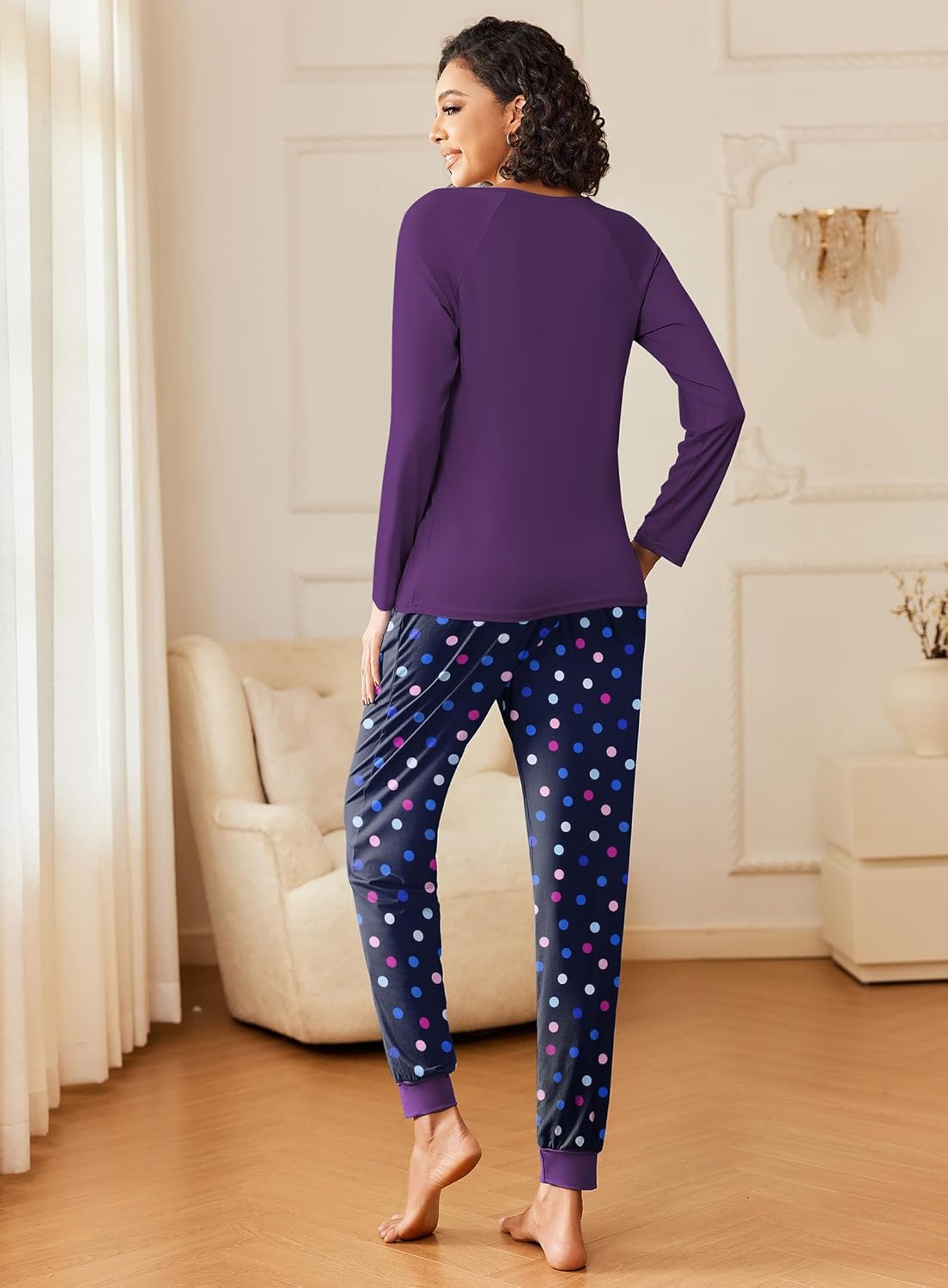 Long-sleeve pajama set: purple top with navy polka-dot pants