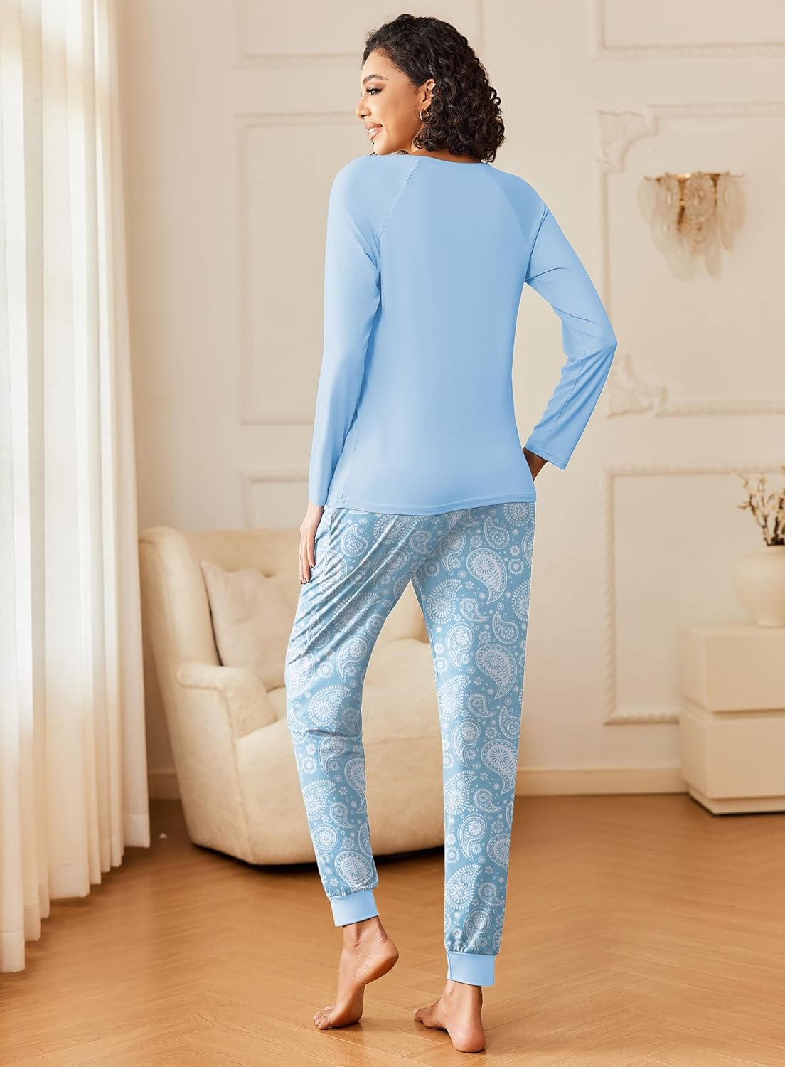 Light blue long-sleeve pajama set with blue paisley patterned lounge pants
