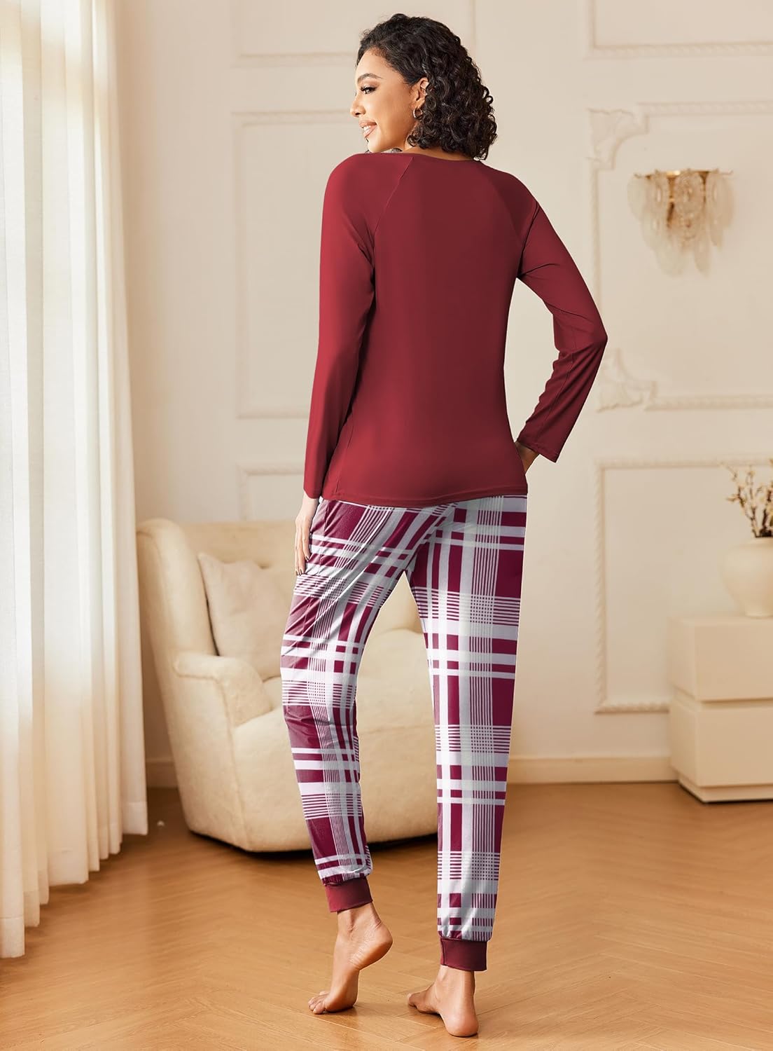 Long-sleeve pajama set: wine top with red plaid lounge pants