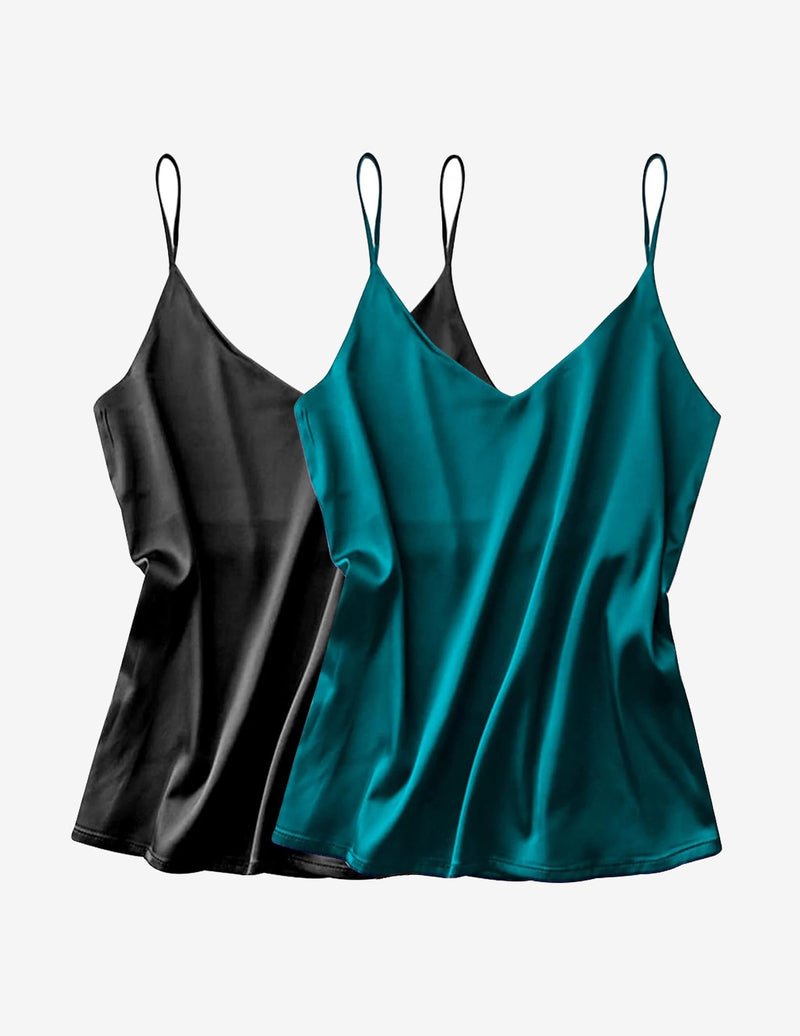 Satin tank tops 2-pack: black and teal satin camisoles, spaghetti straps