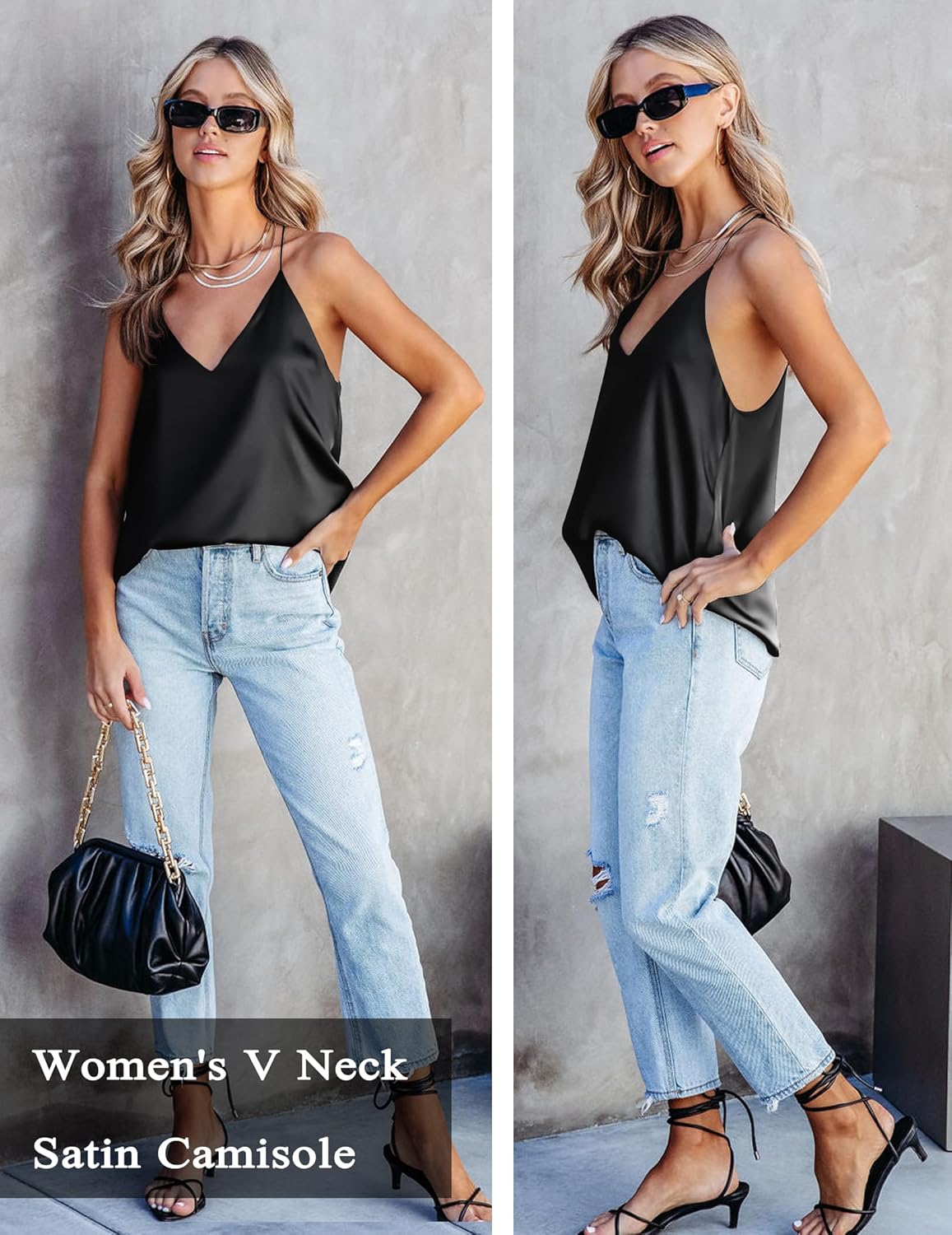 Satin camisole in raso nero con scollo a V e spalline sottili
