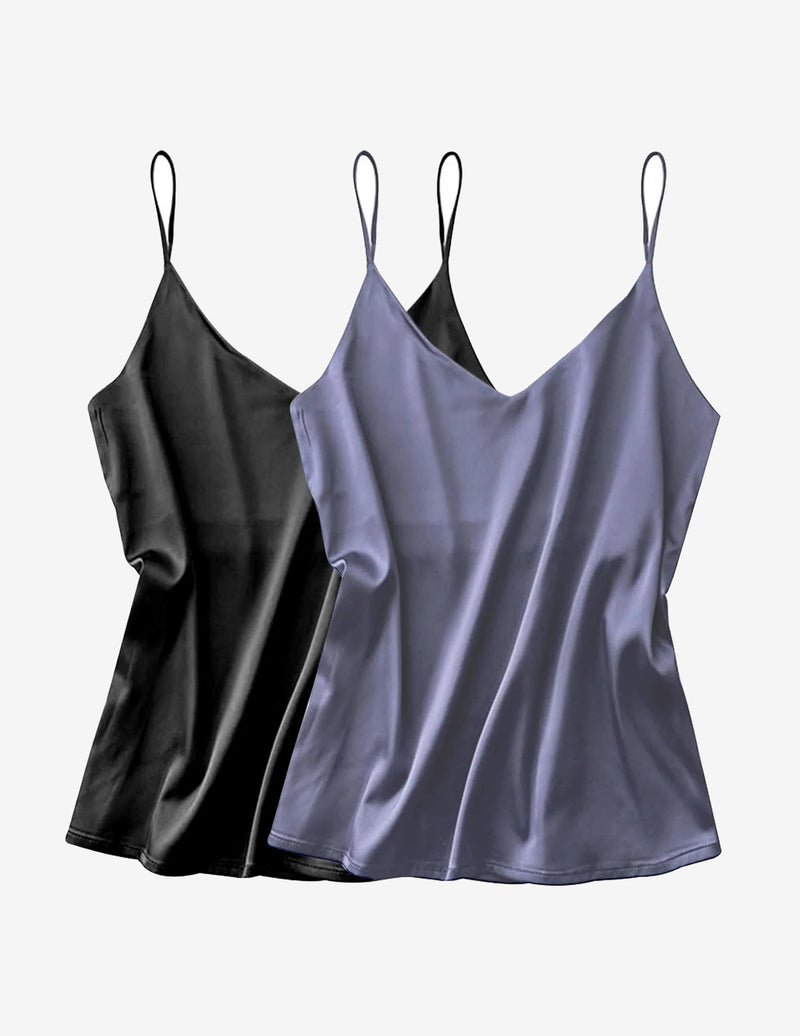 Ekouaer 2 Pack Satin Tank Tops: nero e lilla, spalline sottili, scollo a V