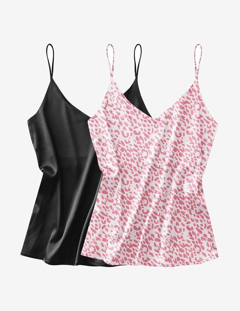 Satin tank tops 2-pack: black solid and pink leopard satin camisole with straps