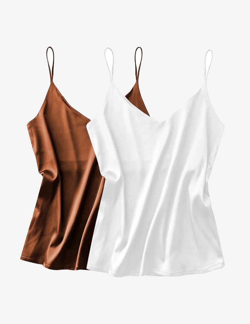 Satin tank tops 2-pack: brown satin and white satin camisoles with V-neck straps