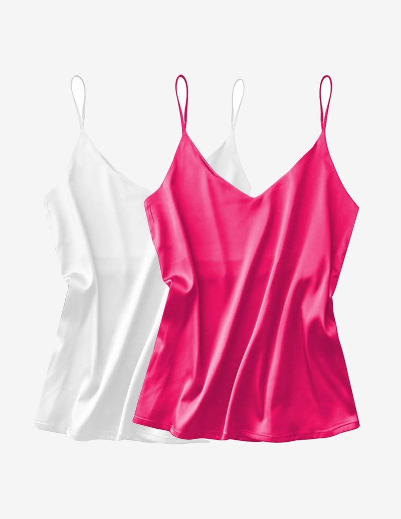 2 pack satin tank tops: bianco e fucsia, scollo a V, spalline sottili