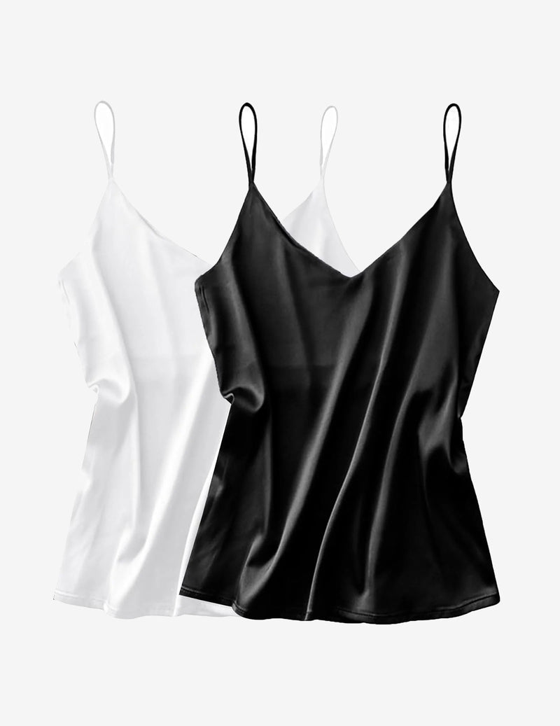 2 pack satin tank tops: bianco e nero, scollo a V, spalline sottili