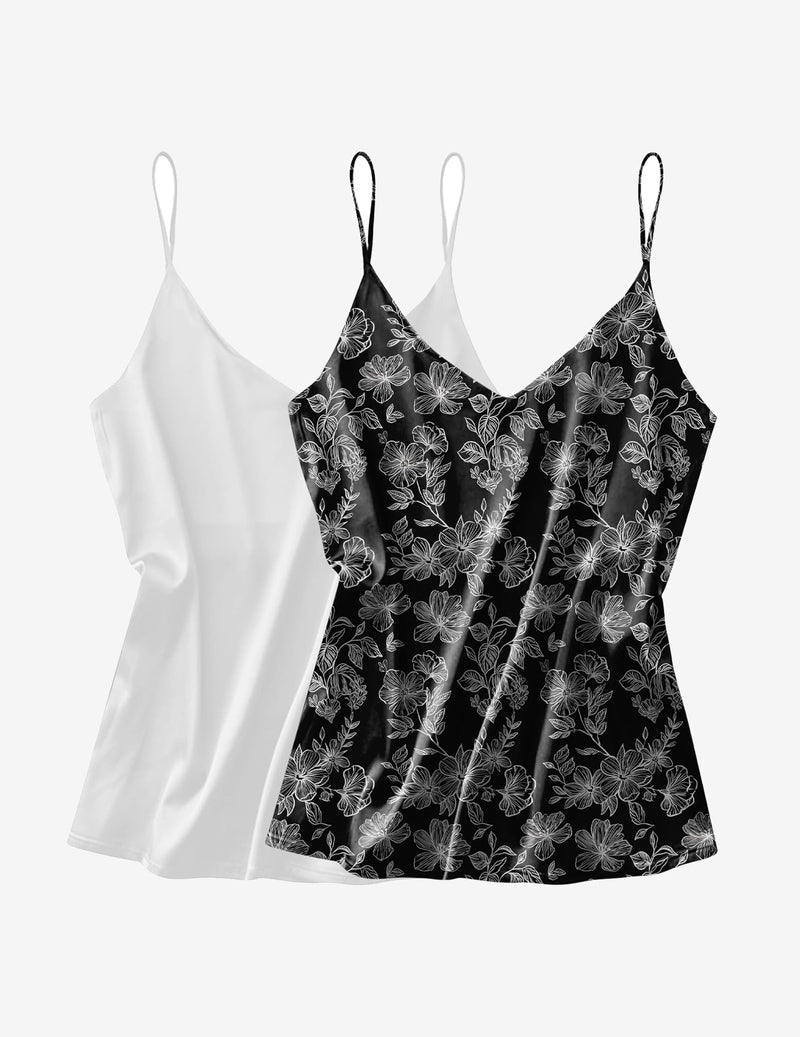 2 pack satin tank tops: bianco e nero con stampa floreale, scollo a V e spalline