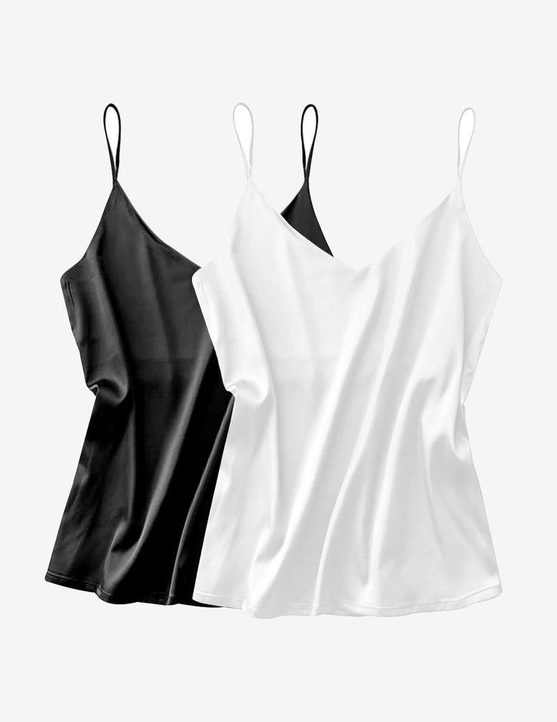 2 pack satin tank tops: nero e bianco, scollo a V, spalline sottili