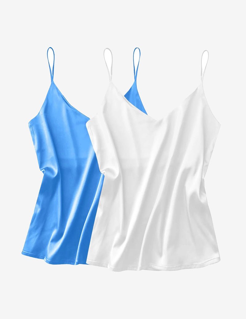 Satin tank tops 2-pack: blue and white satin camisoles with thin spaghetti straps