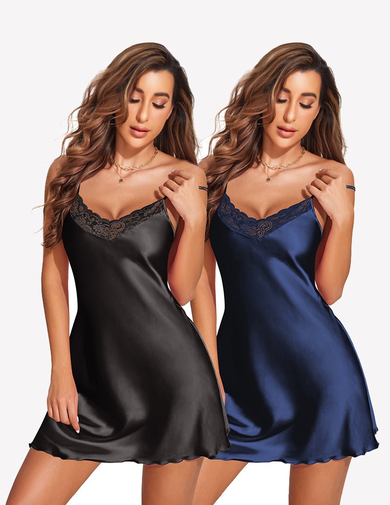 2-teilige Satin-Nachthemdchen Babydoll mit Spitzenbesatz, schwarz & dunkelblau