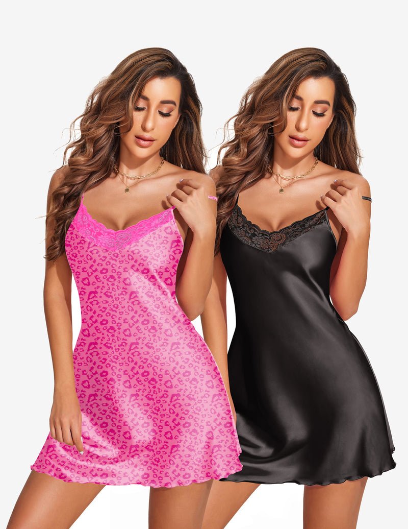2-Pack Babydoll Negligee aus Satin mit Spitze, pink und schwarz