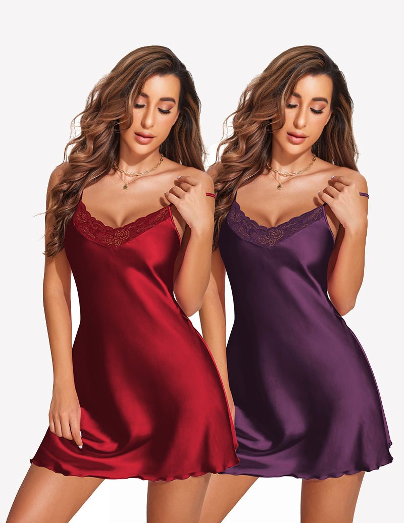 2-Pack Satin Babydoll Negligee mit Spitze, bordeauxrot und lila
