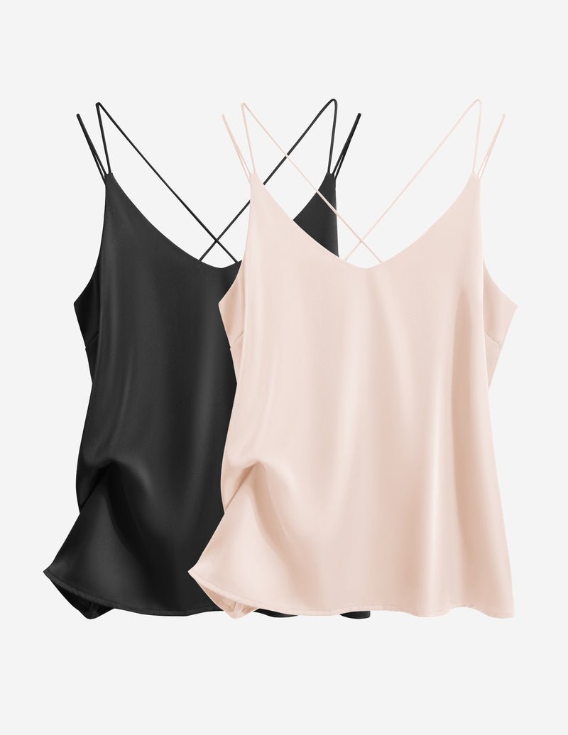 Silk satin camisole 2-pack, black and light pink, V-neck spaghetti straps