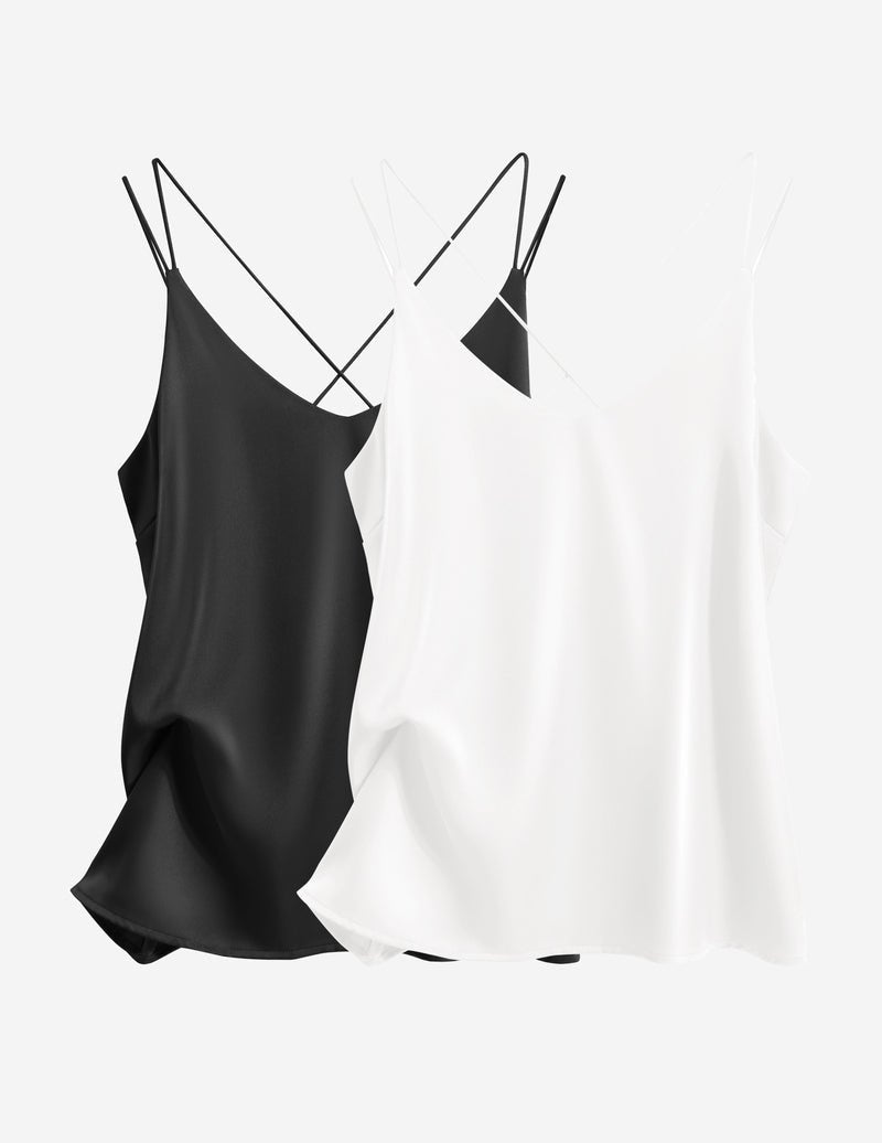 Silk satin camisole 2-pack, black and white, spaghetti straps V-neck
