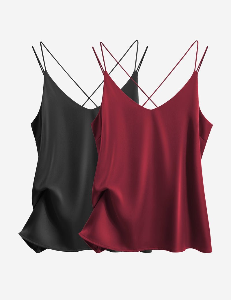 Silk satin camisole 2-pack, black and wine red, thin straps V-neck