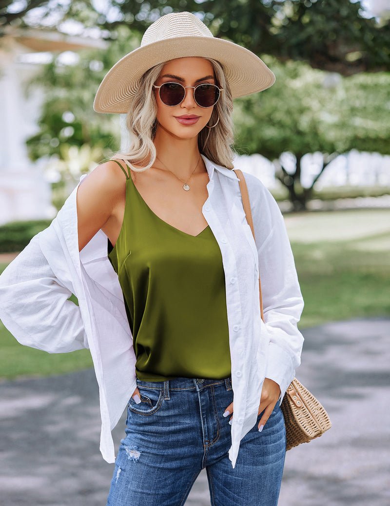 Silk satin camisole tank with V-neck and thin straps, green—2-pack colorway