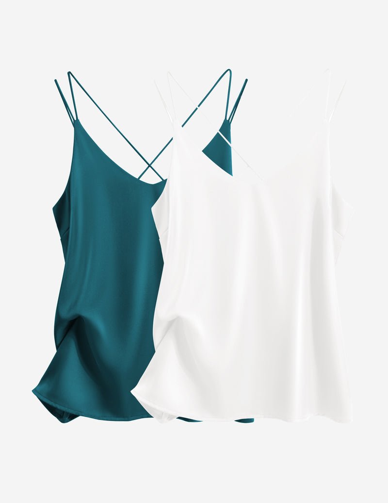 Silk satin camisole 2-pack, green and white, V-neck with thin straps