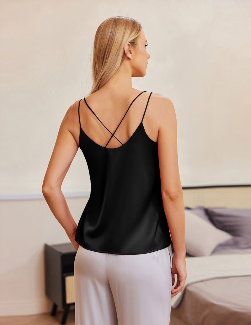 Black silk satin camisole tank, V-neck with crisscross back straps—2-pack