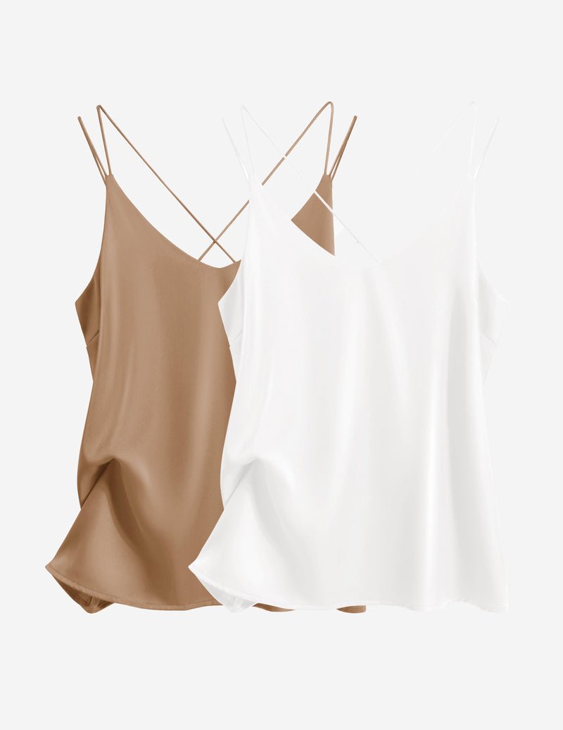 Silk satin camisole 2-pack, khaki and white, thin straps V-neck