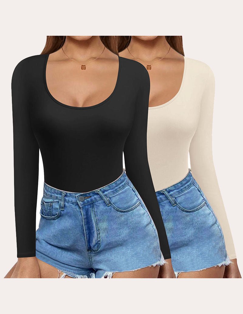 Slim fit long-sleeve scoop-neck tops (2-pack) in black and beige