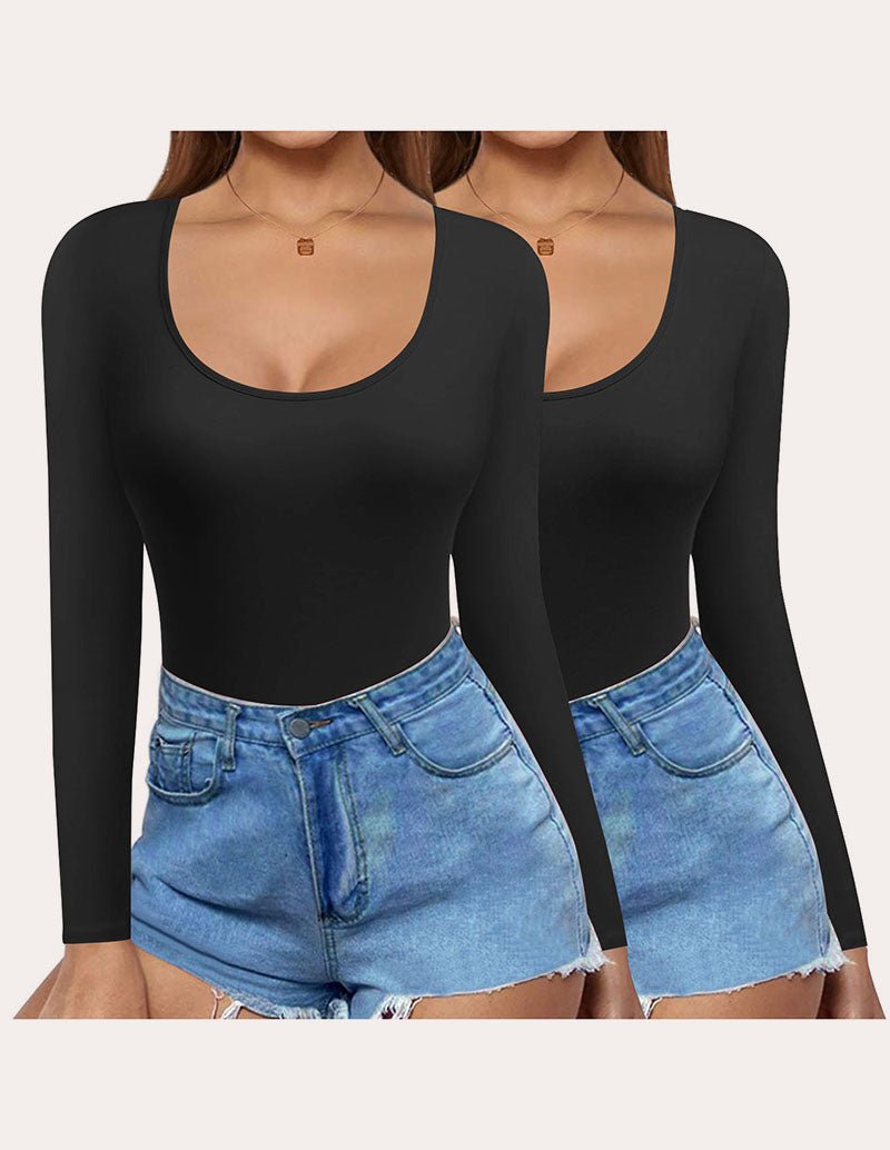 Slim fit long-sleeve scoop-neck tops (2-pack) in two shades of black
