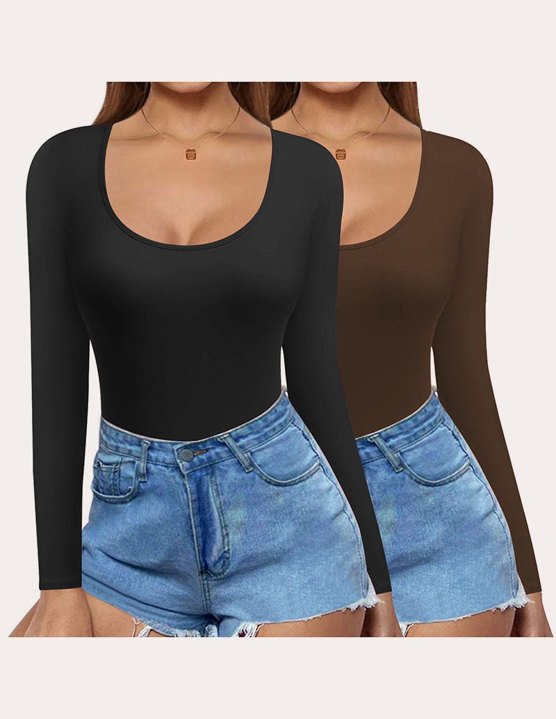 Slim fit long-sleeve scoop-neck tops (2-pack) in black and brown