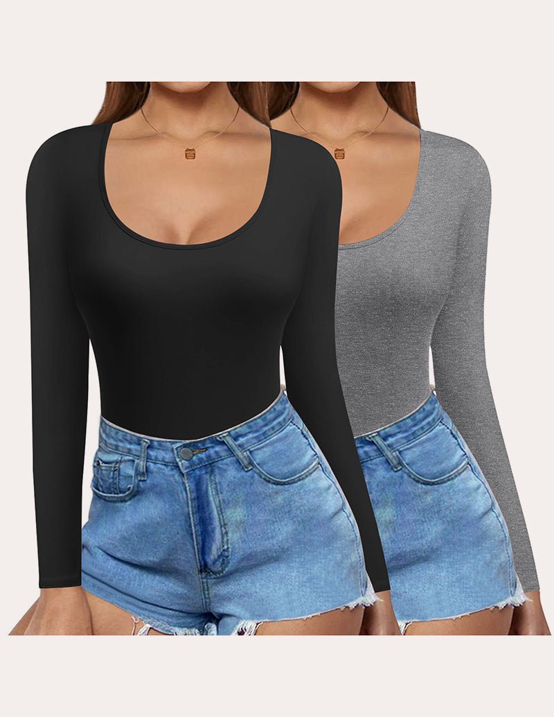 Slim fit long-sleeve scoop-neck tops (2-pack) in black and heather gray