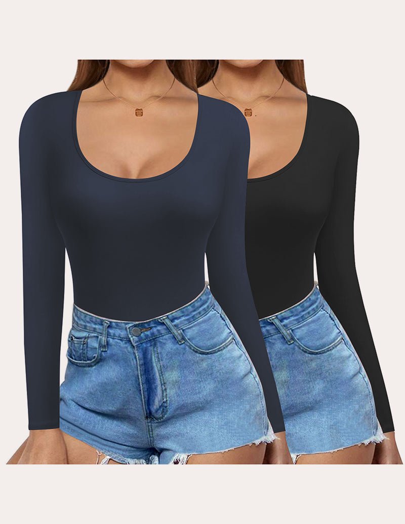 Slim fit long-sleeve scoop-neck tops (2-pack) in black and dark navy