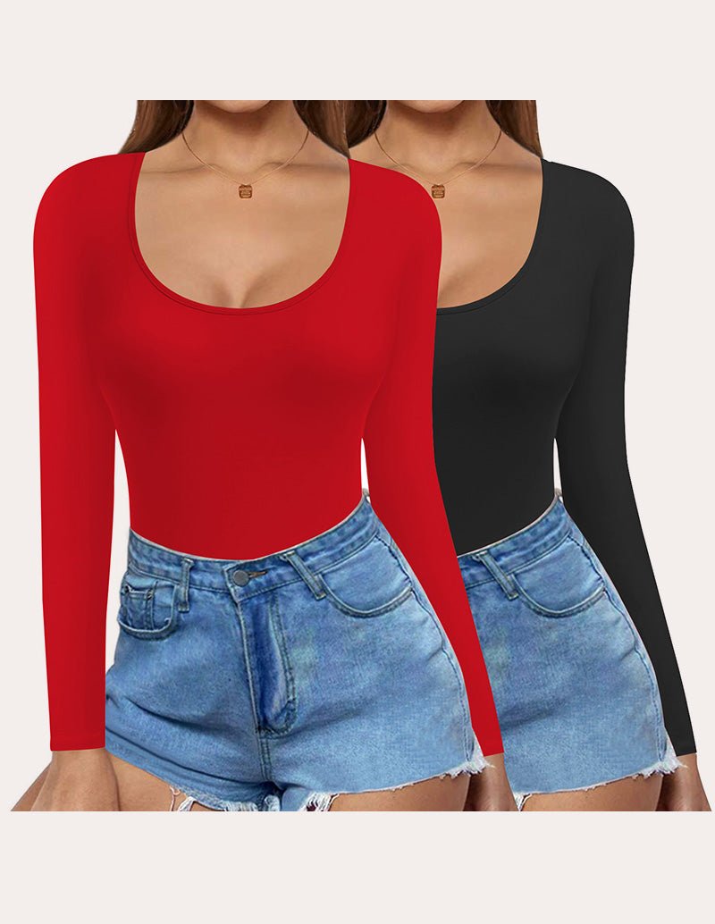 Slim fit long-sleeve scoop-neck tops (2-pack) in red and black