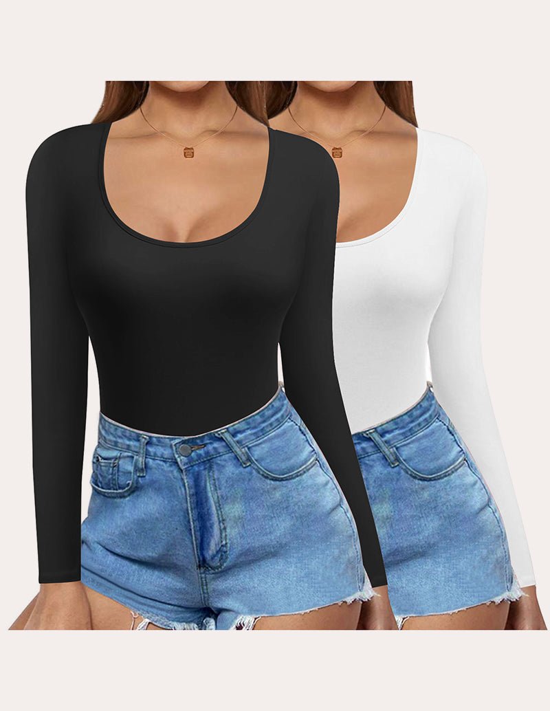 Slim fit long-sleeve scoop-neck tops (2-pack) in black and white