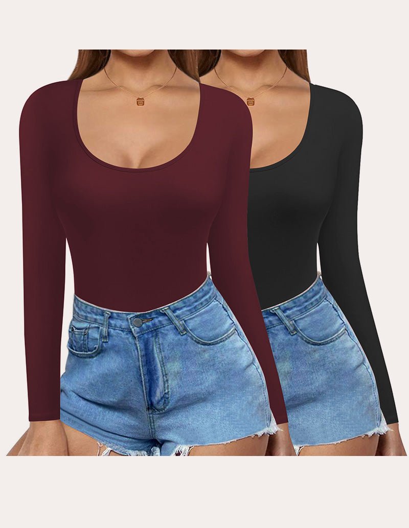 Slim fit long-sleeve scoop-neck tops (2-pack) in wine red and black