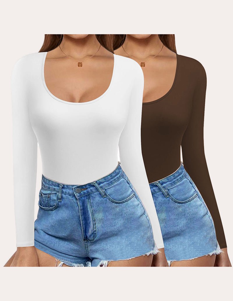 Slim fit long-sleeve scoop-neck tops (2-pack) in white and brown