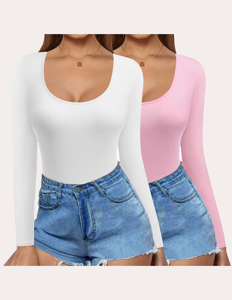 Slim fit long-sleeve scoop-neck tops (2-pack) in white and pink